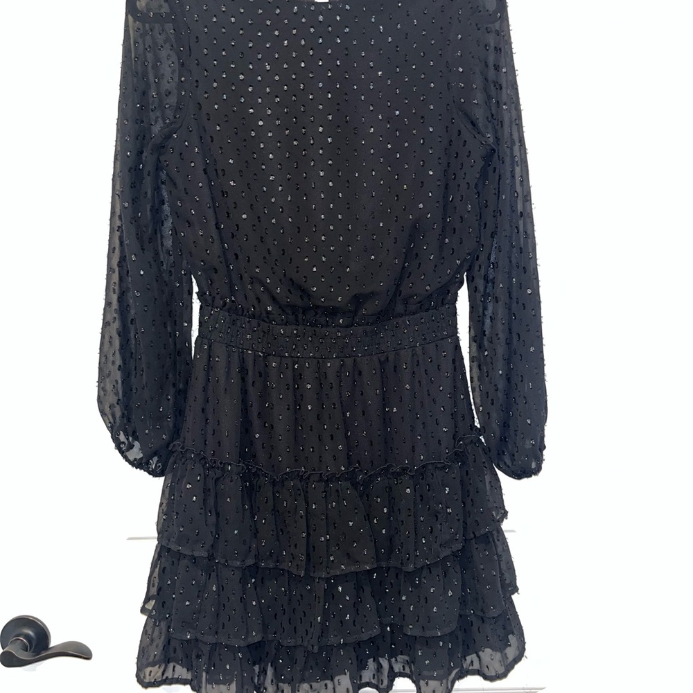 Express Black Shiny Polka Dot Dress with Sheer Long Sleeves